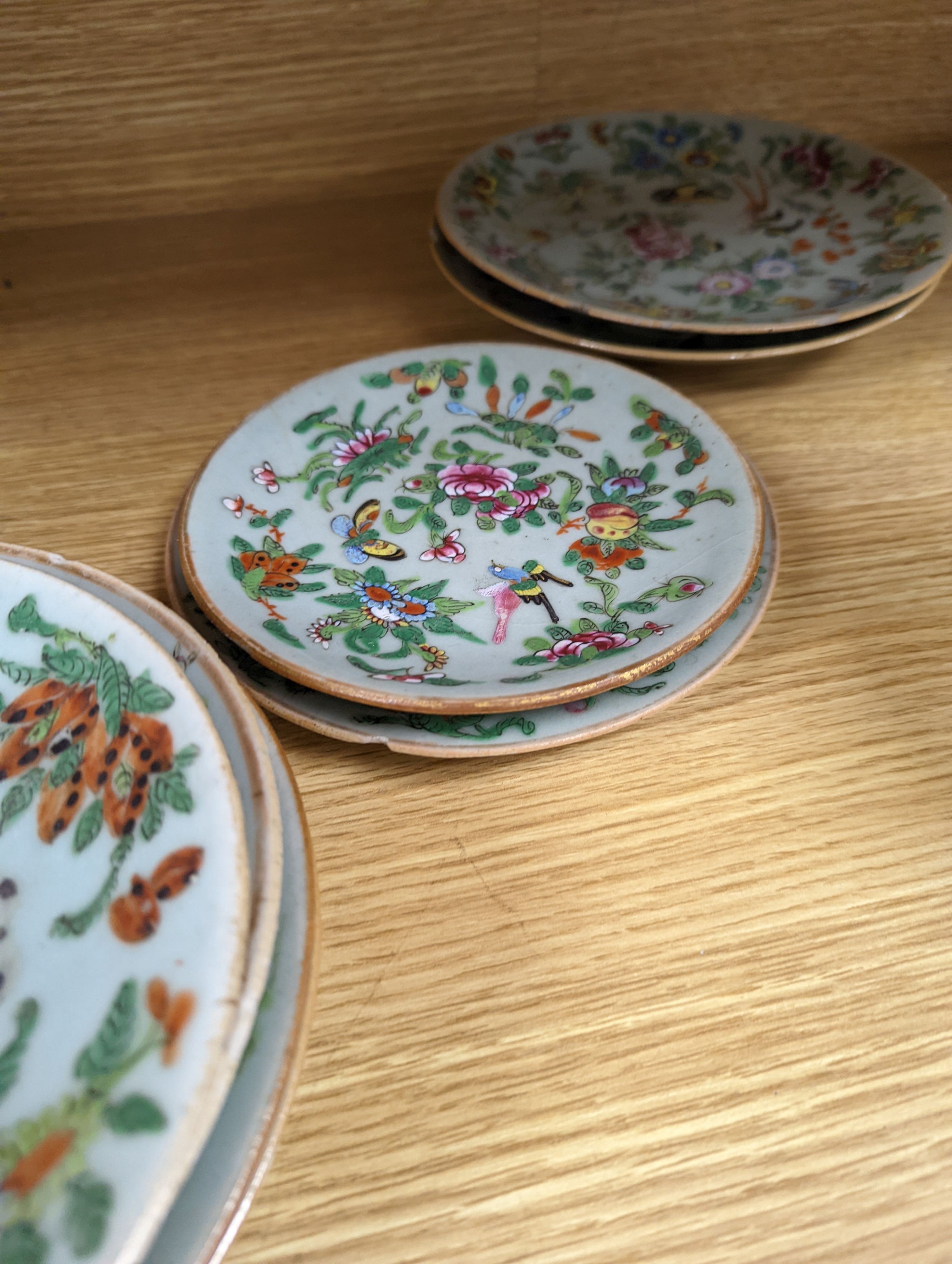 A group of ten mid 19th century Chinese famille rose celadon ground plates, largest 26cm